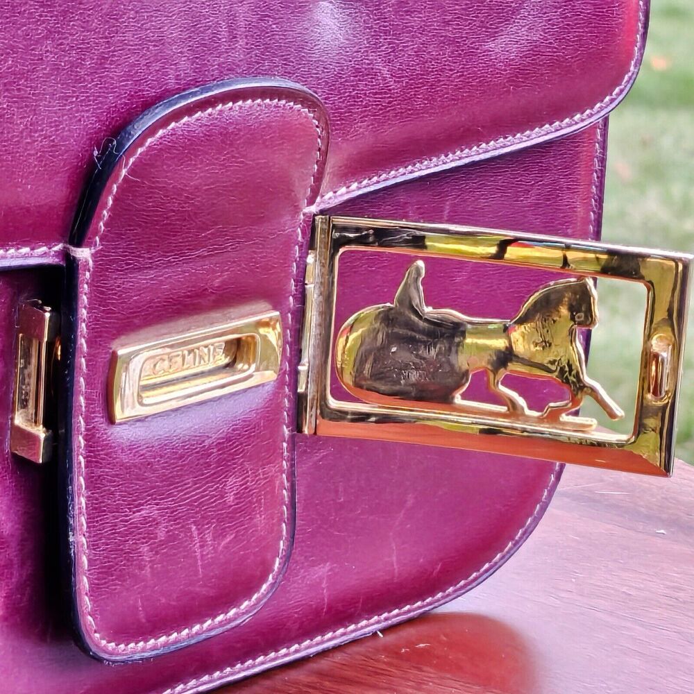Vintage CELINE Horse Carriage Burgundy Italy Leather Shoulder Bag w Wallet - Picture 5 of 16